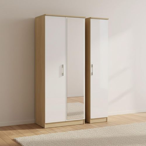 Knightsbridge Wardrobe - 3 Door - 1 Mirror - Triple - Tall - White Gloss and Light Oak