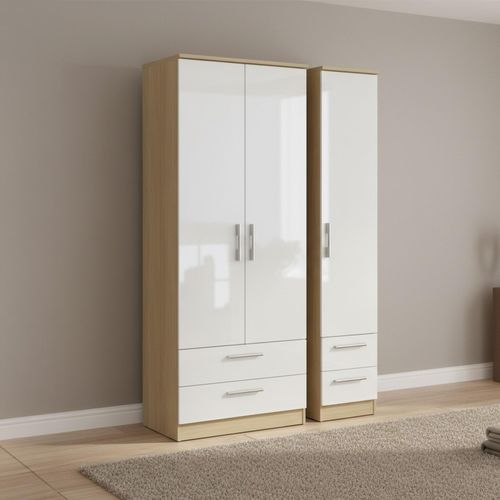 Knightsbridge Wardrobe - 3 Door - 4 Drawer - Triple - Tall - White Gloss and Light Oak