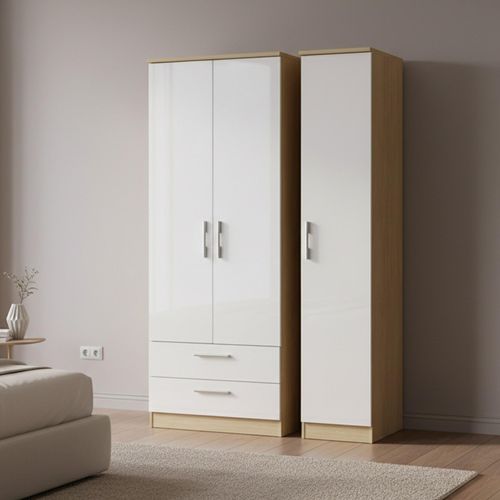 Knightsbridge Wardrobe - 3 Door - LHF 2 Drawer - Triple - Tall - White Gloss and Light Oak
