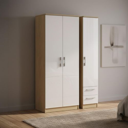 Knightsbridge Wardrobe - 3 Door - RHF 2 Drawer - Triple - Tall - White Gloss and Light Oak