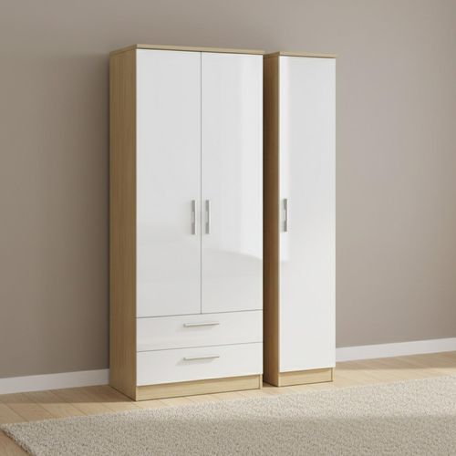 Knightsbridge Wardrobe - 3 Door - LHF 2 Drawer - Triple - White Gloss and Light Oak