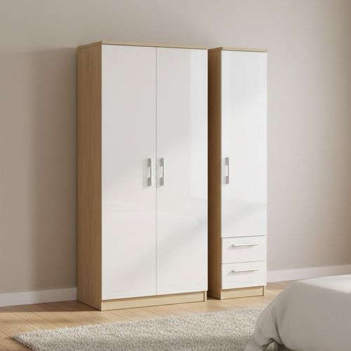 Knightsbridge Wardrobe - 3 Door - RHF 2 Drawer - Triple - White Gloss and Light Oak