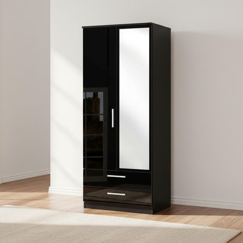 Knightsbridge Tall Combi Wardrobe - 2 Door - 1 Mirror - Black Gloss