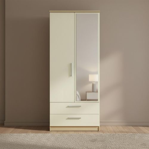 Knightsbridge Combi Wardrobe - 2 Door - 1 Mirror - Cream Gloss and Light Oak