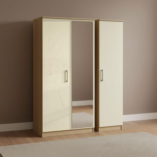 Knightsbridge Triple Wardrobe - 3 Door - 1 Mirror - Cream Gloss and Light Oak