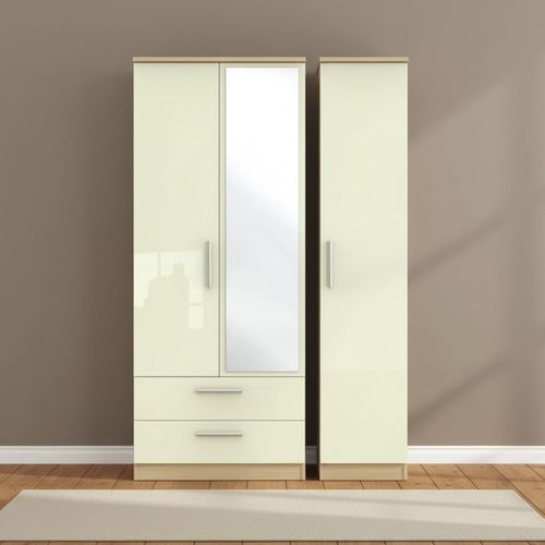 Knightsbridge Triple Wardrobe - 3 Door - LHF 2 Drawers - Combi - Cream Gloss and Light Oak