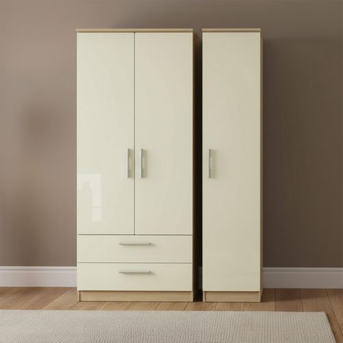 Knightsbridge Triple Wardrobe - 3 Door - LHF 2 Drawers - Cream Gloss and Light Oak