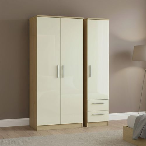 Knightsbridge Triple Wardrobe - 3 Door - RHF 2 Drawers - Cream Gloss and Light Oak