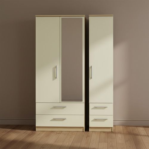Knightsbridge Wardrobe - 3 Door - 1 Mirror - Combi - Cream Gloss and Light Oak