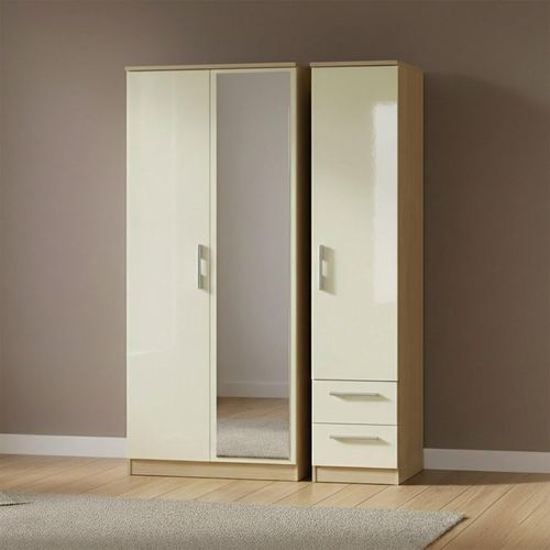 Knightsbridge Wardrobe - 3 Door - 1 Mirror - RHF 2 Drawers - Tall Combi - Cream Gloss and Light Oak