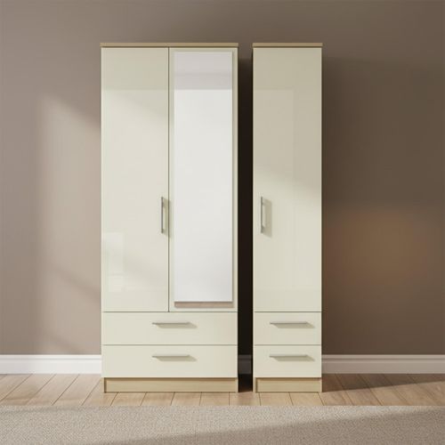 Knightsbridge Wardrobe - 3 Door - 1 Mirror - Tall Combi - Cream Gloss and Light Oak