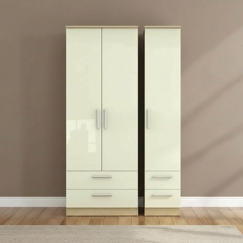 Knightsbridge Wardrobe - 3 Door - 4 Drawers - Tall Triple - Cream Gloss and Light Oak