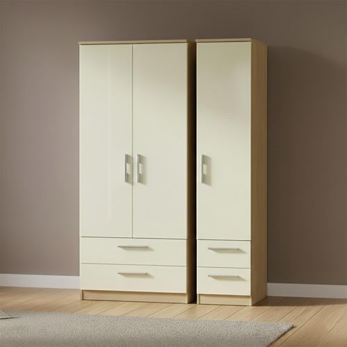 Knightsbridge Wardrobe - 3 Door - 4 Drawers - Triple - Cream Gloss and Light Oak