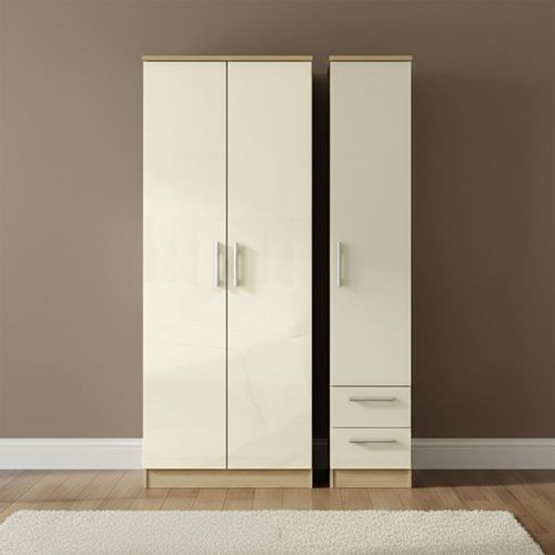 Knightsbridge Wardrobe - 3 Door - RHF 2 Drawers - Tall Triple - Cream Gloss and Light Oak