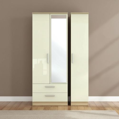 Knightsbridge Wardrobe - 3 Door - Tall Combi - 1 Mirror - LHF 2 Drawers - Cream Gloss and Light Oak