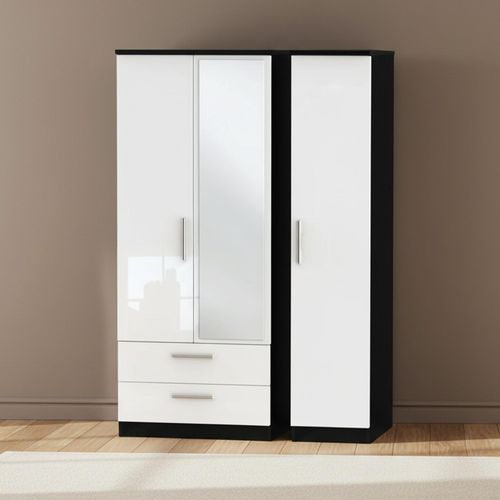 Knightsbridge Wardrobe - 3 Door - 1 Mirror - LHF 2 Drawer - Combi - White Gloss and Black