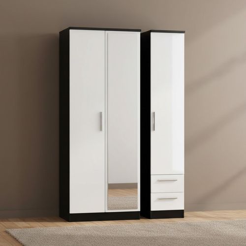 Knightsbridge Wardrobe - 3 Door - 1 Mirror - RHF 2 Drawer - Tall Combi - White Gloss and Black