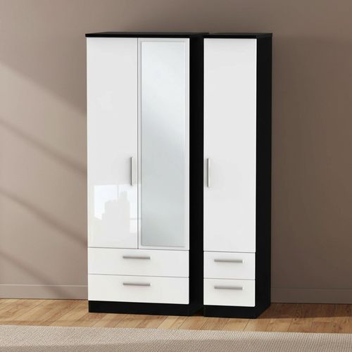 Knightsbridge Wardrobe - 3 Door - 1 Mirror - Tall Combi - White Gloss and Black