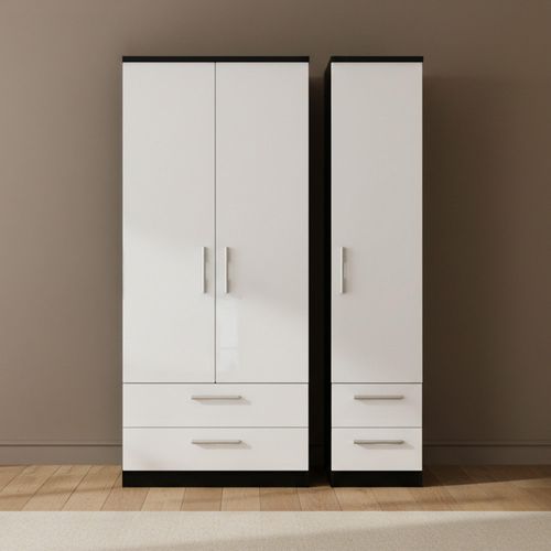 Knightsbridge Wardrobe - 3 Door - 4 Drawer - Triple - White Gloss and Black