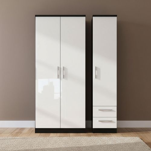Knightsbridge Wardrobe - 3 Door - RHF 2 Drawer - Tall Triple - White Gloss and Black
