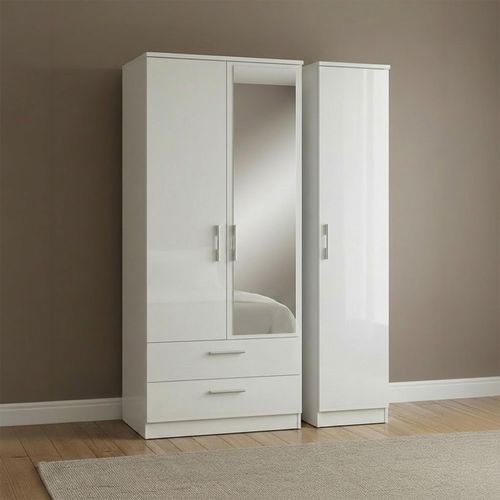 Knightsbridge Wardrobe - 3 Door - 1 Mirror - LHF 2 Drawer - Combi - White Gloss