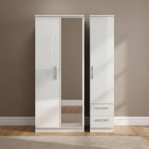 Knightsbridge Wardrobe - 3 Door - 1 Mirror - RHF 2 Drawer - Tall - Combi - White Gloss