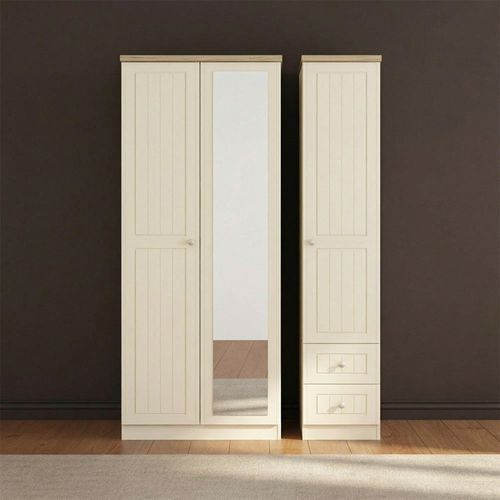 Vienna Wardrobe - 3 Door - 1 Mirror - RHF 2 Drawers - Combi - Cream