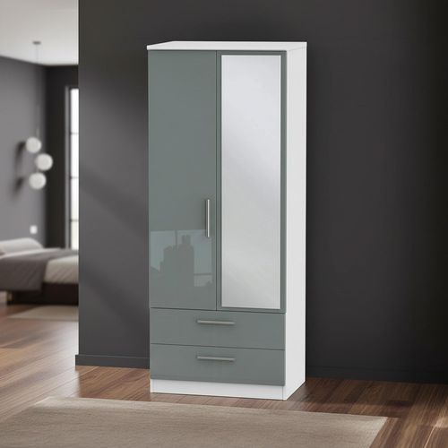 Knightsbridge Wardrobe - 2 Door - 1 Mirror - Combi - Tall - Grey Gloss and White