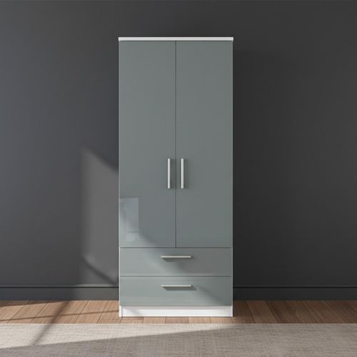 Knightsbridge Wardrobe - 2 Door - 2 Drawer - Grey Gloss and White