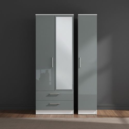 Knightsbridge Wardrobe - 3 Door - 1 Mirror - LHF 2 Drawers - Combi - Tall - Grey Gloss and White
