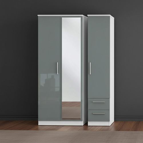 Knightsbridge Wardrobe - 3 Door - 1 Mirror - RHF 2 Drawers - Combi - Grey Gloss and White