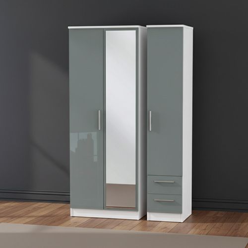 Knightsbridge Wardrobe - 3 Door - 1 Mirror - RHF 2 Drawers - Combi - Tall - Grey Gloss and White
