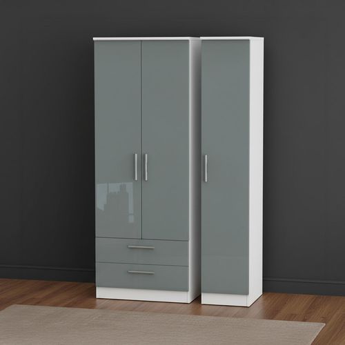 Knightsbridge Wardrobe - 3 Door - LHF 2 Drawers - Triple - Tall - Grey Gloss and White