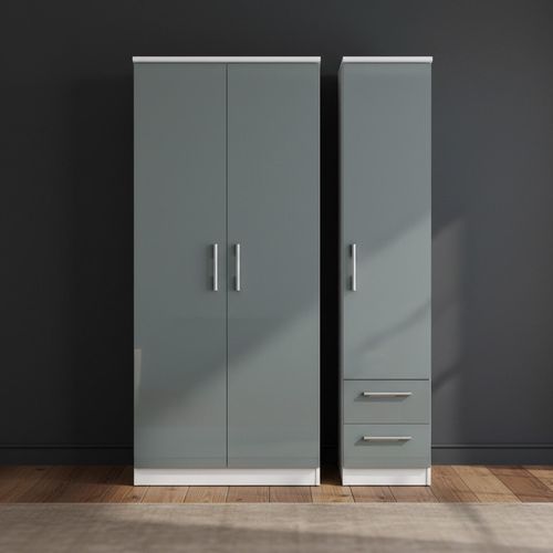 Knightsbridge Wardrobe - 3 Door - RHF 2 Drawers - Triple - Grey Gloss and White