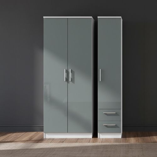 Knightsbridge Wardrobe - 3 Door - RHF 2 Drawers - Triple - Tall - Grey Gloss and White