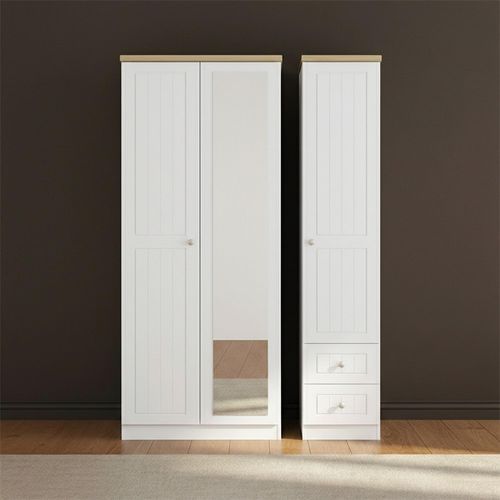 Vienna Wardrobe - 3 Door - 1 Mirror - RHF 2 Drawers - Combi - Porcelain