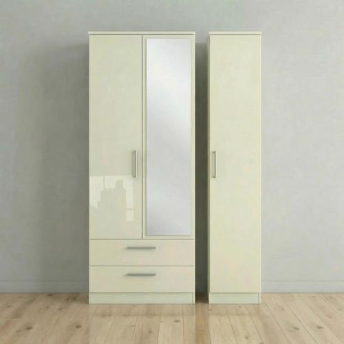Knightsbridge Wardrobe - 3 Door - 1 Mirror - LHF 2 Drawers - Tall Combi - Cream Gloss