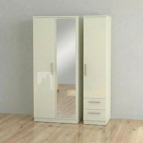 Knightsbridge Wardrobe - 3 Door - 1 Mirror - RHF 2 Drawers - Combi - Cream Gloss