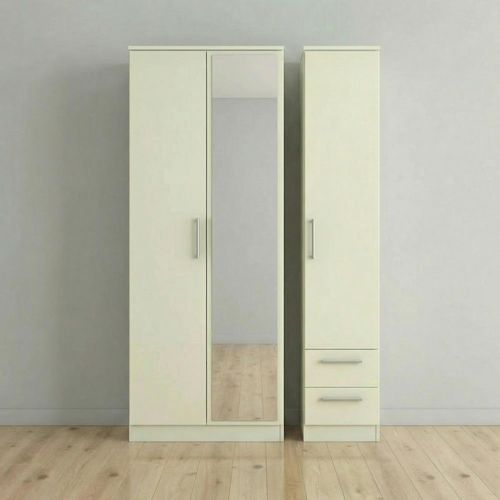 Knightsbridge Wardrobe - 3 Door - 1 Mirror - RHF 2 Drawers - Tall Combi - Cream Gloss