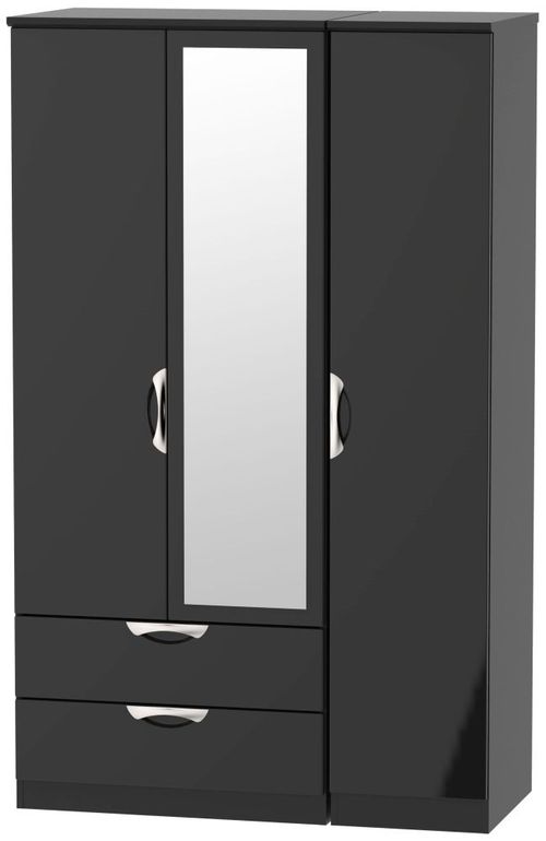Camden Black Gloss 3 Door Combi Wardrobe - 1 Mirror and LHF 2 Drawers
