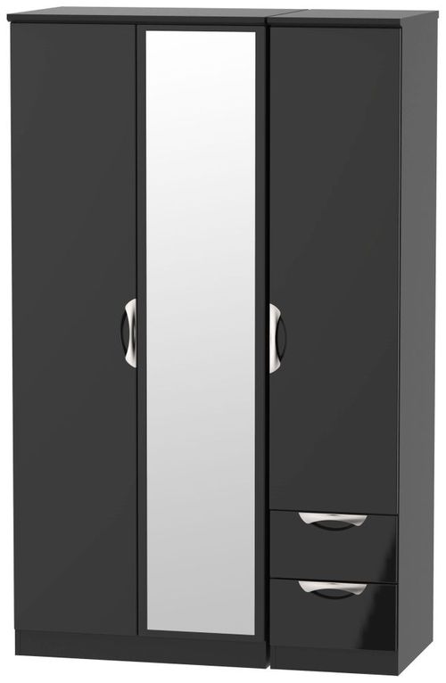Camden Black Gloss 3 Door Combi Wardrobe - 1 Mirror and RHF 2 Drawers