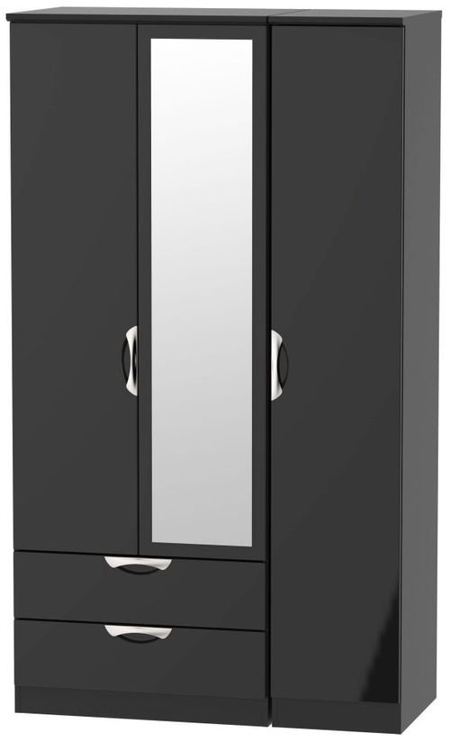 Camden Black Gloss 3 Door Tall Combi Wardrobe - 1 Mirror and LHF 2 Drawers