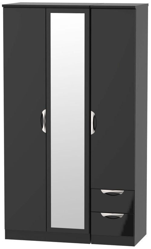 Camden Black Gloss 3 Door Tall Combi Wardrobe - 1 Mirror and RHF 2 Drawers