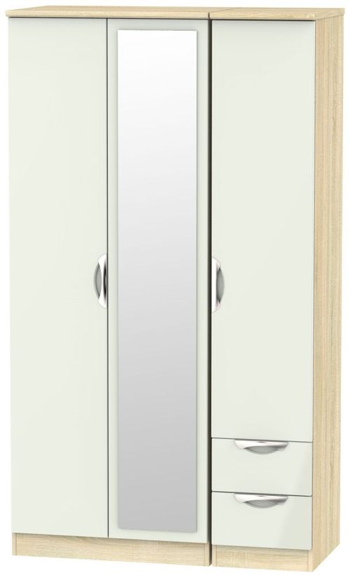 Camden Cashmere and Oak Effect 3 Door Tall Combi Wardrobe - 1 Mirror and RHF 2 Drawers