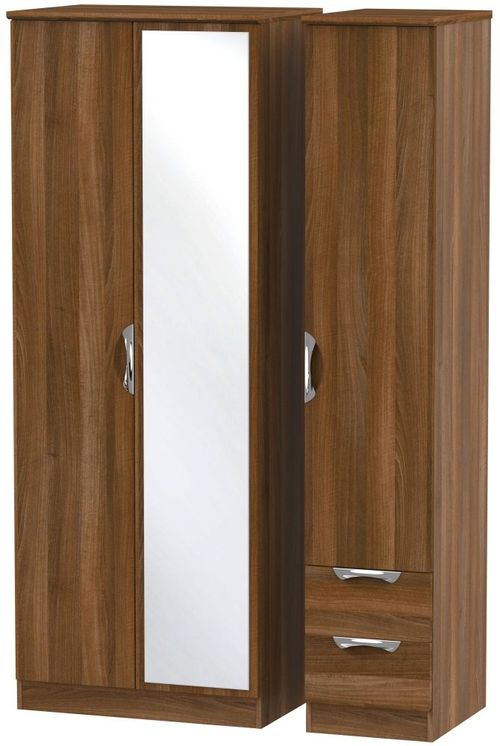 Camden Walnut Effect 3 Door Tall Combi Wardrobe - 1 Mirror and RHF 2 Drawers