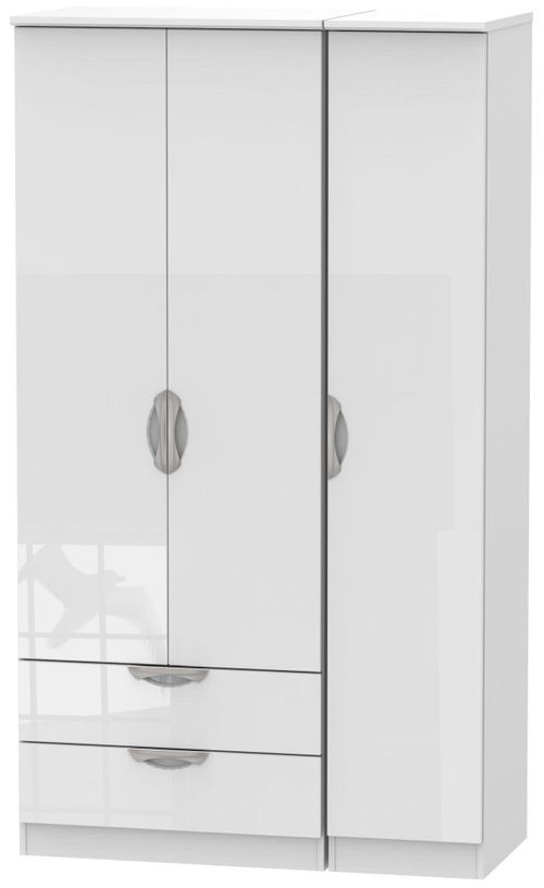 Camden White Gloss 3 Door Tall Triple Wardrobe - LHF 2 Drawers