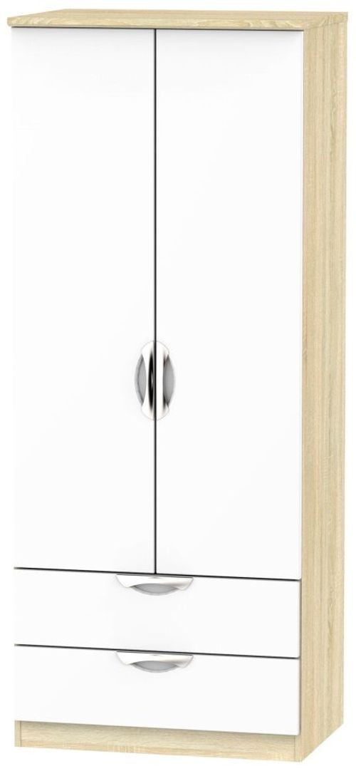 Camden White Gloss and Oak Effect 2 Door 2 Drawer Double Wardrobe