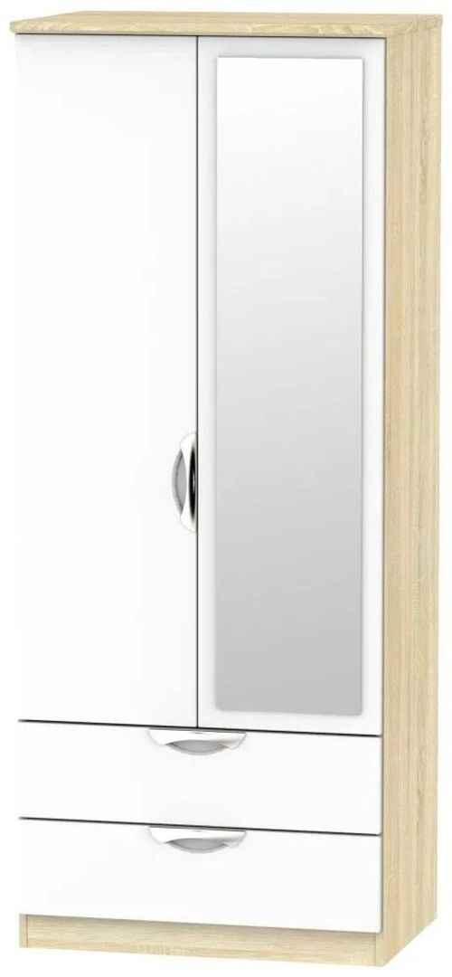 Camden White Gloss and Oak Effect 2 Door Combi Wardrobe - 1 Mirror