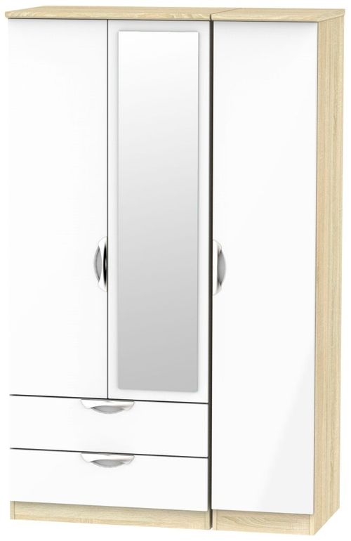 Camden White Gloss and Oak Effect 3 Door Combi Wardrobe - 1 Mirror and LHF 2 Drawers