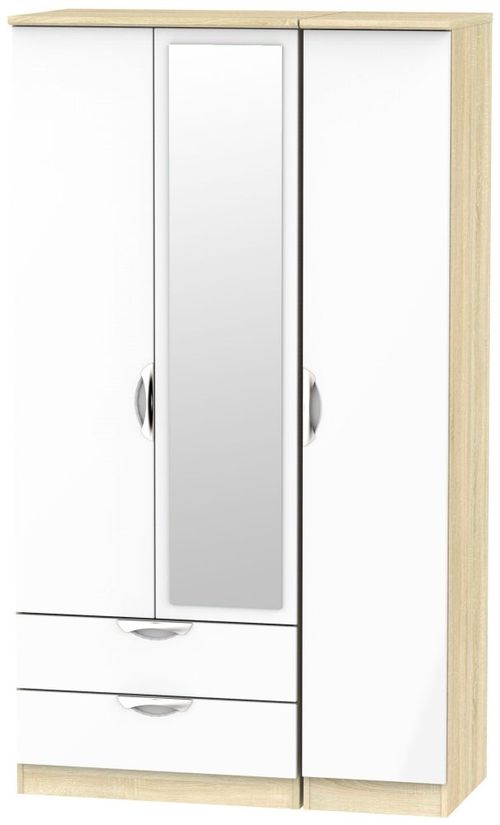 Camden White Gloss and Oak Effect 3 Door Tall Combi Wardrobe - 1 Mirror and LHF 2 Drawers